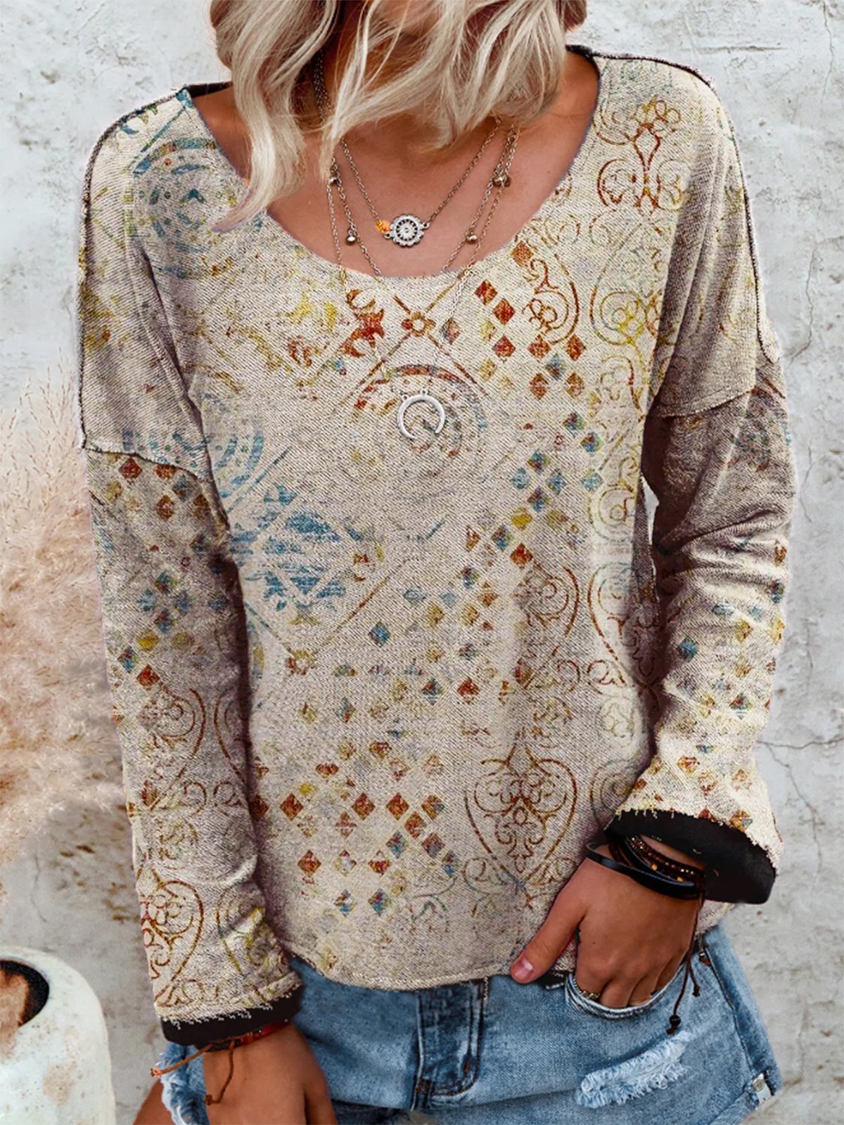 Long Sleeve Crew Neck Tribal Shift Shirts & Tops