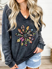 V Neck Floral Casual Sweatshirt