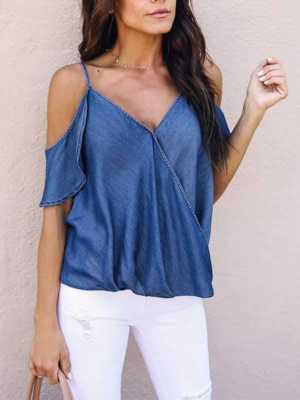 Summer sexy sleeveless suspender denim shirt irregular top
