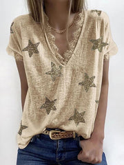 Summer V-neck printed lace T-shirts women star printed top