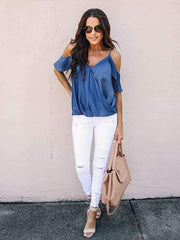 Summer sexy sleeveless suspender denim shirt irregular top