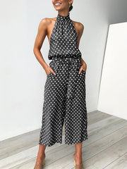 Summer sexy halter point printed Band Neck pocket jumpsuits