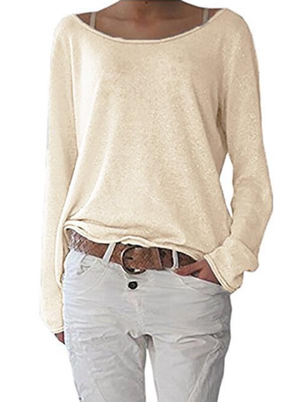 Long sleeve plain loose with irregular hem round neck T-shirt