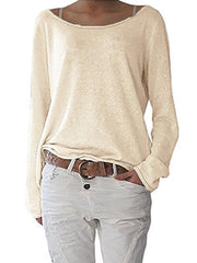 Long sleeve plain loose with irregular hem round neck T-shirt