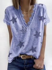 Summer V-neck printed lace T-shirts women star printed top