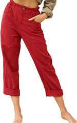 Linen Buttons Cropped Pants High Elastic Waist Stretch Capris Casual Work Crop Pants