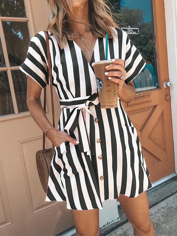 Fashion Stripe Short Sleeve V Neck Casual Skater Mini Dress