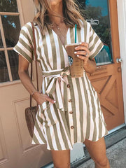 Fashion Stripe Short Sleeve V Neck Casual Skater Mini Dress