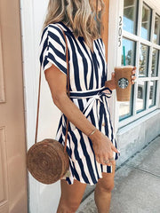 Fashion Stripe Short Sleeve V Neck Casual Skater Mini Dress