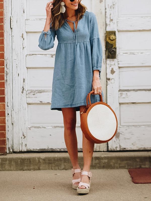 Hot style lantern sleeves denim shift dress