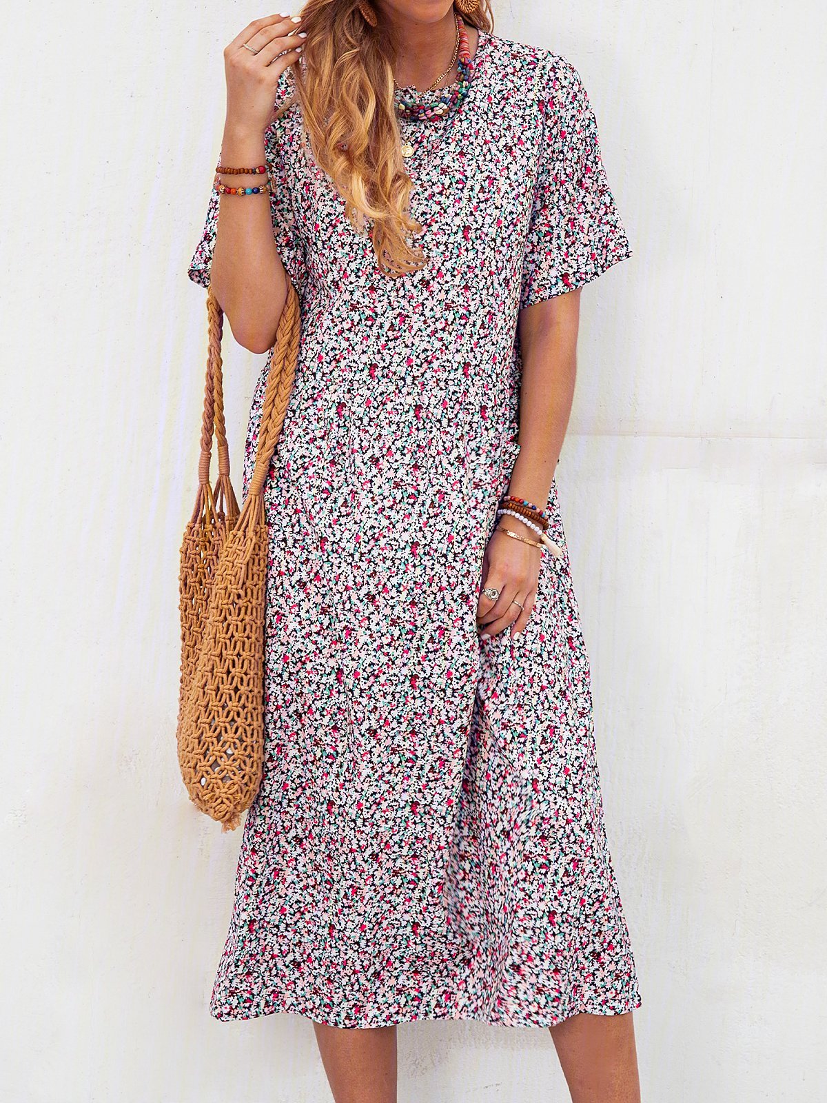 Floral Pockets Midi Dress Summer Short Sleeve Dresses