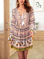 Flory National Ethnic Woman Chiffon V Neck Autumn Fashion Woman Skater Dress