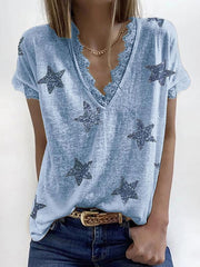 Summer V-neck printed lace T-shirts women star printed top