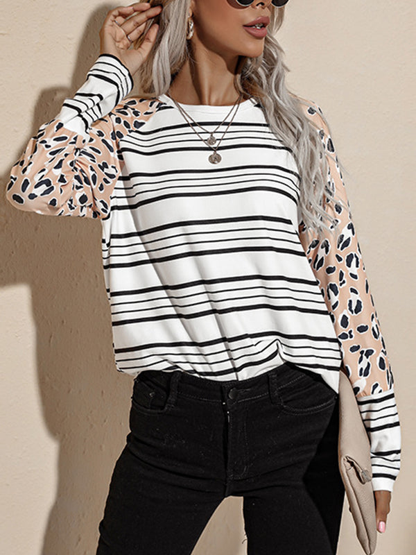 Long-sleeved striped t-shirt women's round neck loose short top