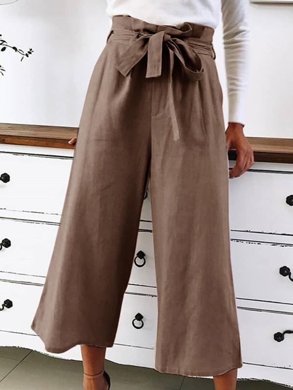 Summer plain loose belted casual wide leg woman pants