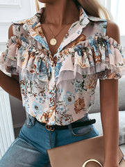 Fashion Women Turn down neck Ruffle off shoulder floral printed blouses