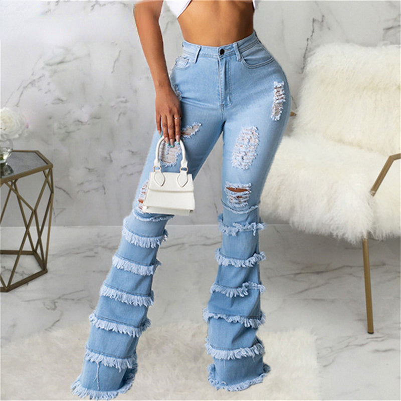 High Waist Stretch Denim Washed Destroyed Holes Ripped Tassel Skinny Flare Jeans