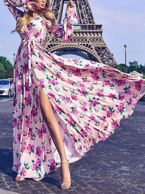 Flower Printed Belt Tie Maxi Vacation Big Hem Dresses