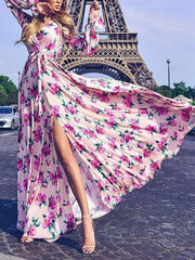 Flower Printed Belt Tie Maxi Vacation Big Hem Dresses
