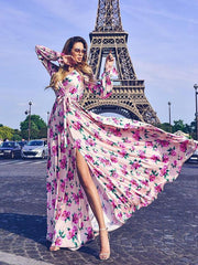 Flower Printed Belt Tie Maxi Vacation Big Hem Dresses