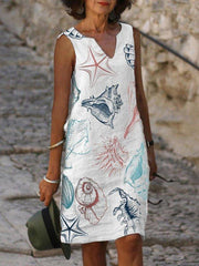 V Neck Geometric Cotton Sleeveless Dresses