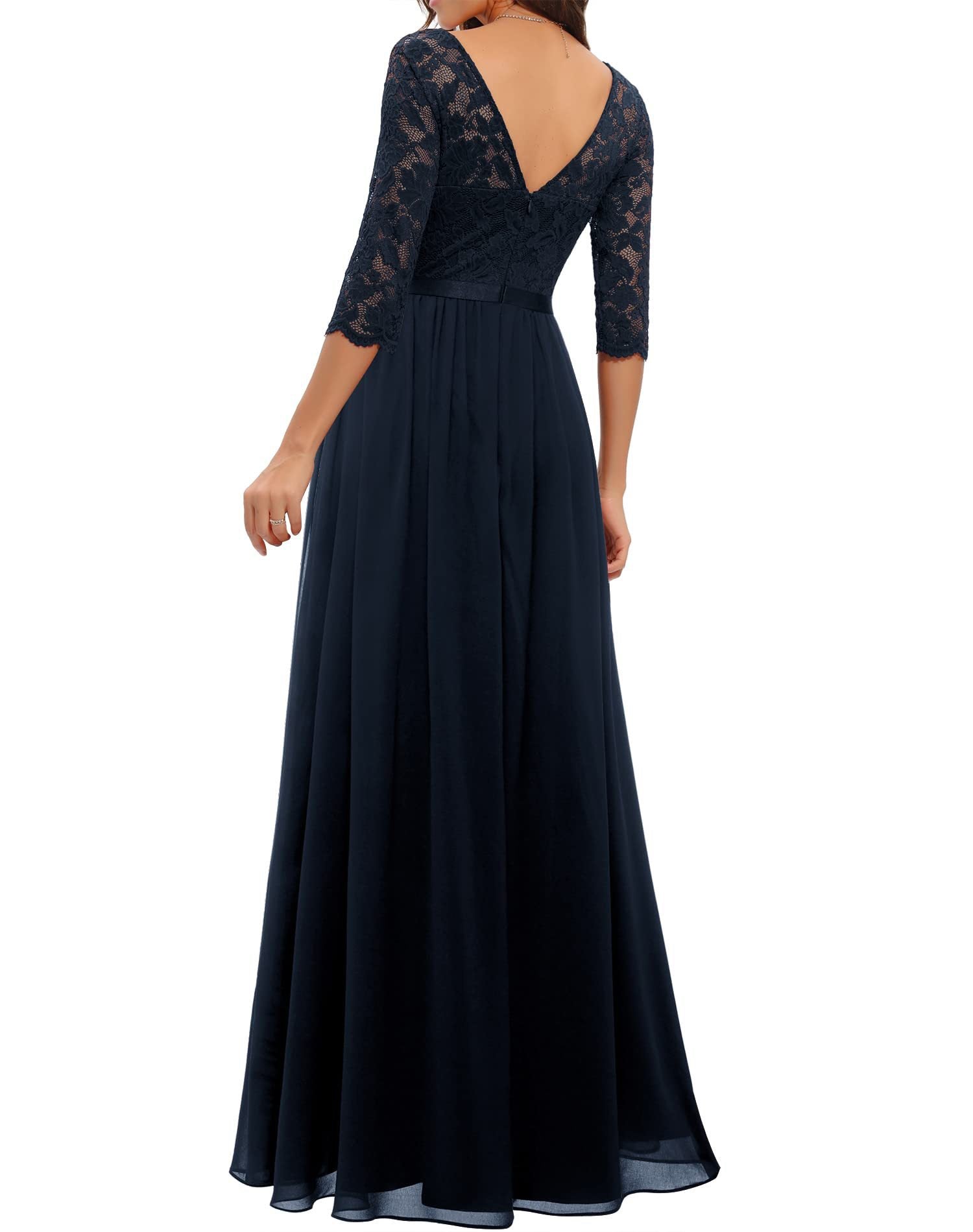 Elegant Lace Half Sleeve Round Neck Long Evening Dresses