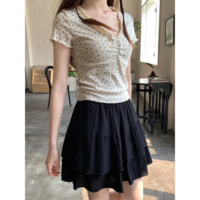 SMLSummer Floral Pleated Mini Skirt