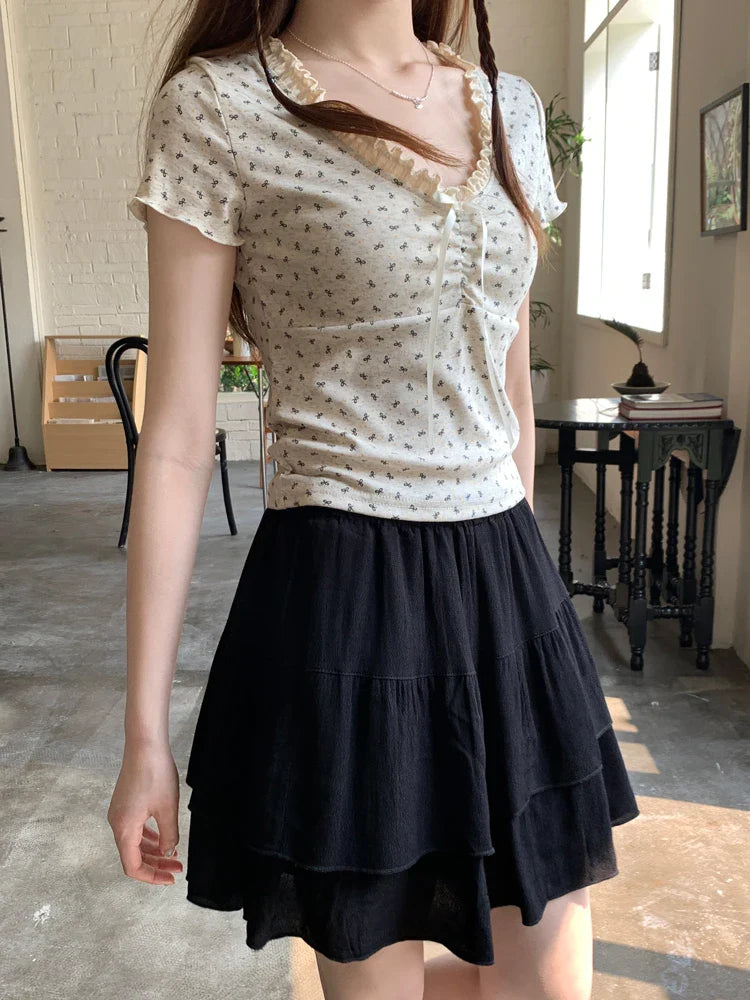 SMLSummer Floral Pleated Mini Skirt