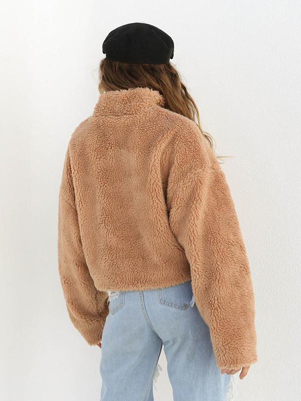 Suede Long Sleeve Half Front Zip Neckline Fashion Sweatshirts