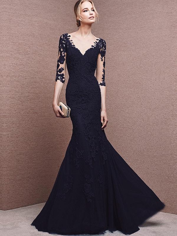 Lace Contrast O-Neck Sleevesless Sheath Long Evening Dresses