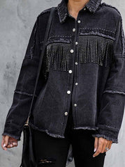 Long Sleeve Fringed Denim Jacket Tops