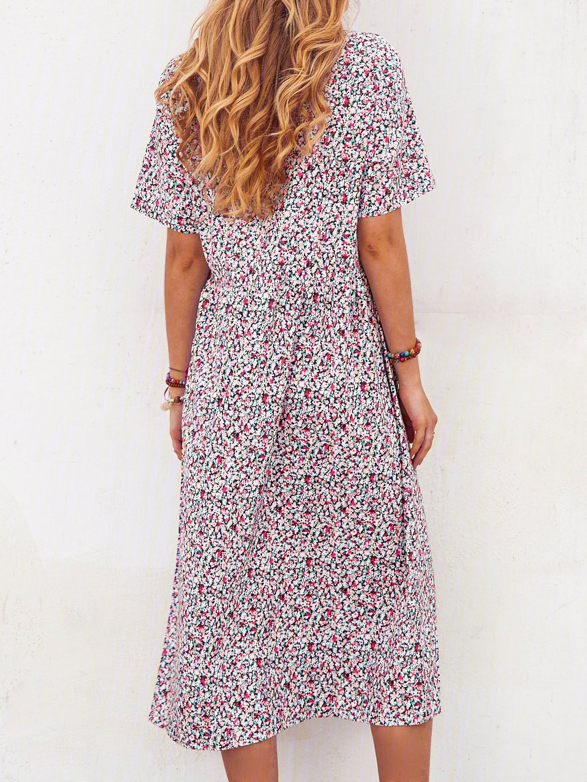 Floral Pockets Midi Dress Summer Short Sleeve Dresses