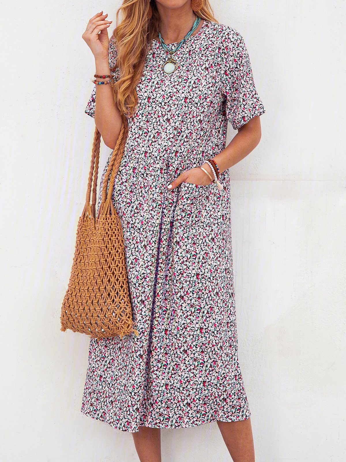 Floral Pockets Midi Dress Summer Short Sleeve Dresses