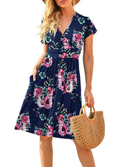 V collar short sleeve mini skirt printed skater dresses