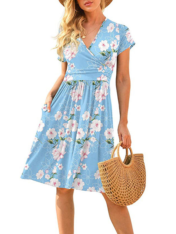 V collar short sleeve mini skirt printed skater dresses