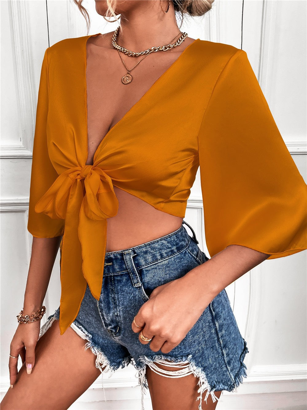 Sexy Pure V neck Three quarter sleeve Bowknot Blouses