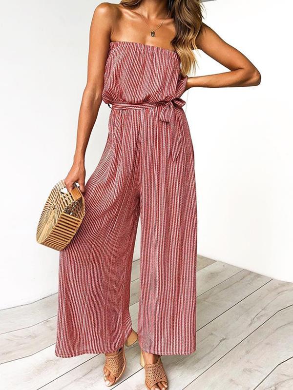 Fashion Women Stripe Open Shoulder Long Jumpsuits