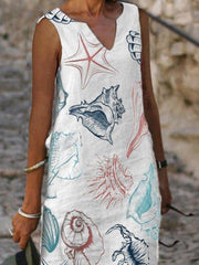 V Neck Geometric Cotton Sleeveless Dresses