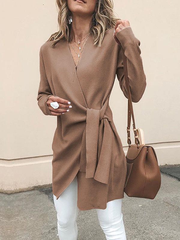 V Neck Belt Plain Outerwear Woman Fashion Coat