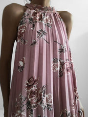 Fold sleeveless Printed Band Neck halter shift dress