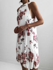 Fold sleeveless Printed Band Neck halter shift dress