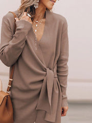 V Neck Belt Plain Outerwear Woman Fashion Coat