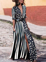 Fashionable V-Neck Striped Polka Dot Vacation Dress