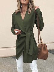 V Neck Belt Plain Outerwear Woman Fashion Coat