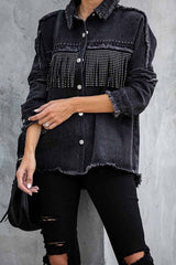 Long Sleeve Fringed Denim Jacket Tops