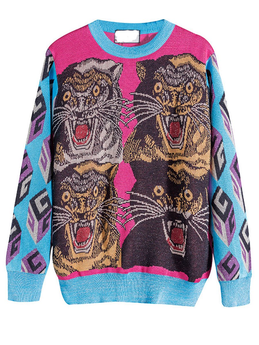 Tiger Print Knitted Round Collar Woman Sweater