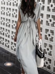 Gray Plunge Drawstring Waist Thigh Split Chic Women Maxi Dress