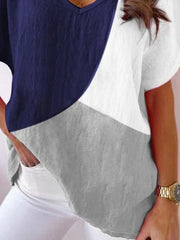 Summer color matching cotton blend short sleeve  V-neck shirt T-shirt tops