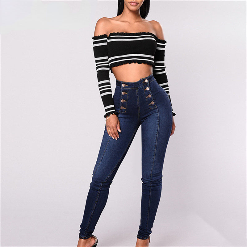 Vintage Skinny Double-Breasted High Waist Pencil Jeans Slim Fit Stretch Denim Pants Full Length Denim Tight