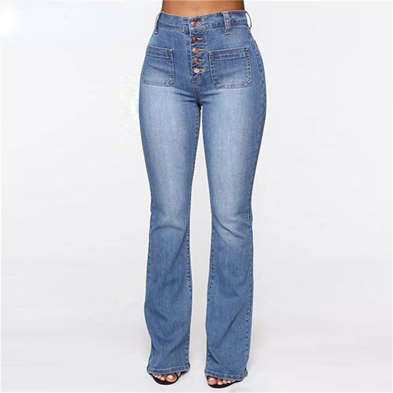 High Waist Elastic Jeans Button Washed Denim Pants Femme Pocke